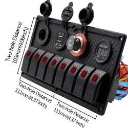 8-gang rocker switch panel - 12 - 24V - USB - LED - cigarette lighter socket - étanche
